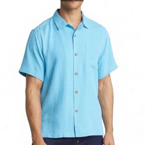 Tommy Bahama 100% Silk Short Sleeve Casual Blue Button Down Shirt Size XL